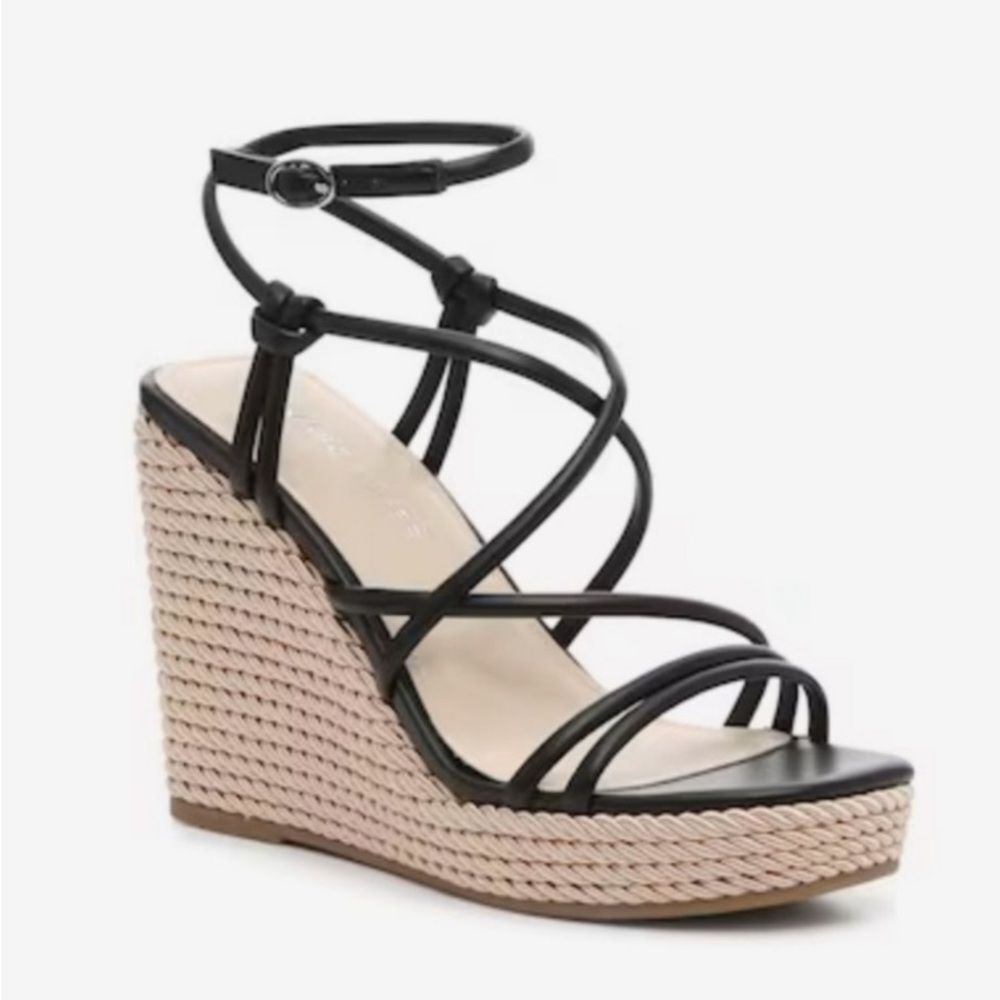 Marc Fisher Black & Tan Espadrille Wedge Strappy Ankle Wrap Heel Shoes 11